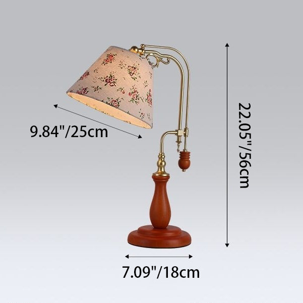 Traditional Rustic Frustum Cone Wood Metal Fabric 1-Light Table Lamp For Bedroom