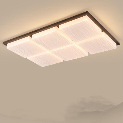 Traditional Japanese Rectangle Iron Rubberwood Acrylic LED Flush Mount Ceiling Light For Living Room