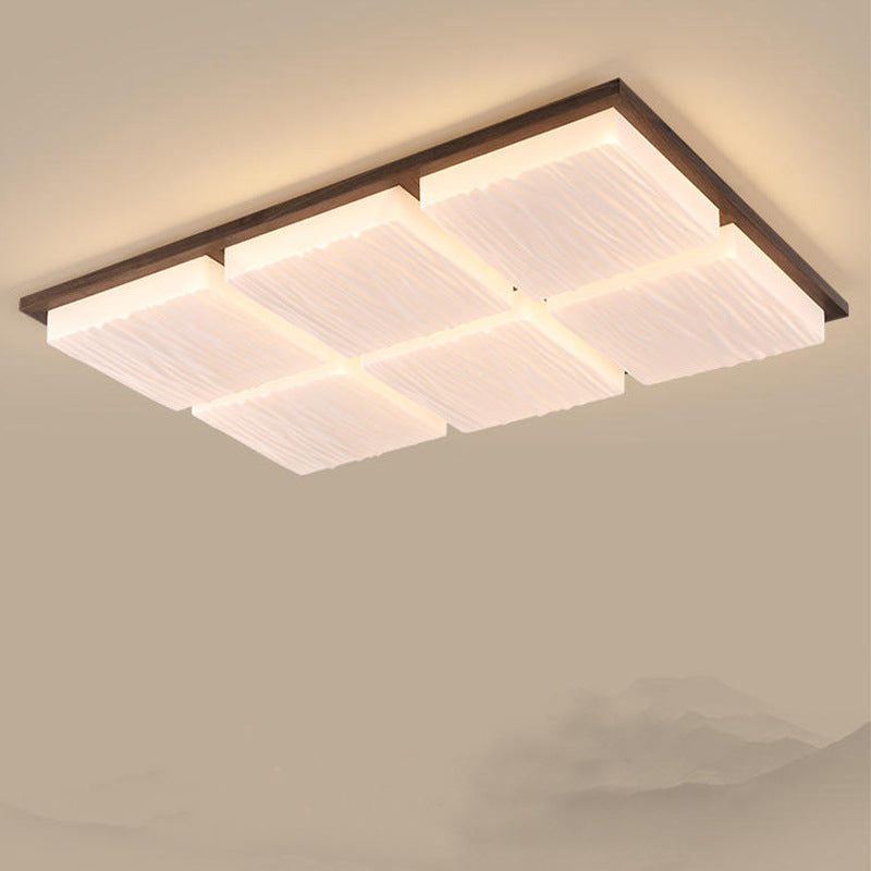 Traditional Japanese Rectangle Iron Rubberwood Acrylic LED Flush Mount Ceiling Light For Living Room