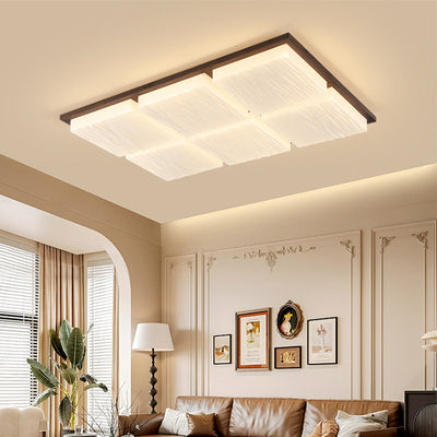 Traditional Japanese Rectangle Iron Rubberwood Acrylic LED Flush Mount Ceiling Light For Living Room