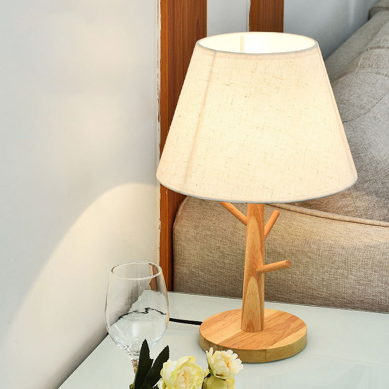 Modern Simplicity Frustum Cone Solid Wood Fabric 1-Light Table Lamp For Bedroom