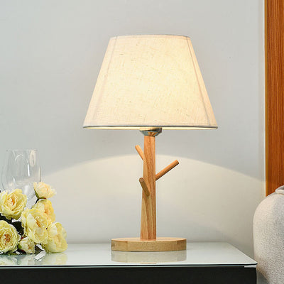 Modern Simplicity Frustum Cone Solid Wood Fabric 1-Light Table Lamp For Bedroom