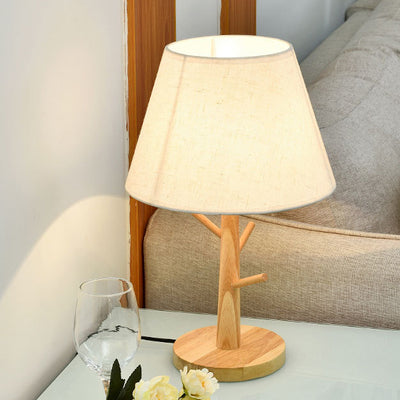 Modern Simplicity Frustum Cone Solid Wood Fabric 1-Light Table Lamp For Bedroom