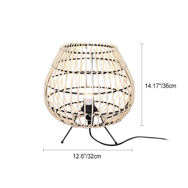 Traditional Japanese Jar Iron Rattan 1-Light Table Lamp For Bedroom