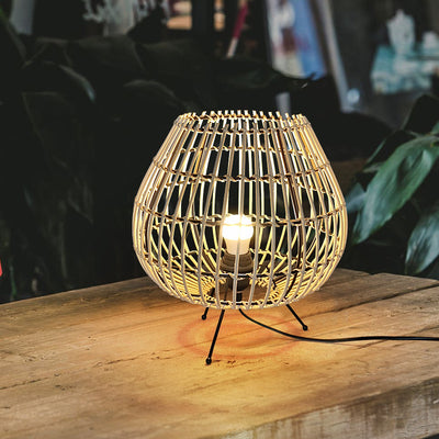 Traditional Japanese Jar Iron Rattan 1-Light Table Lamp For Bedroom