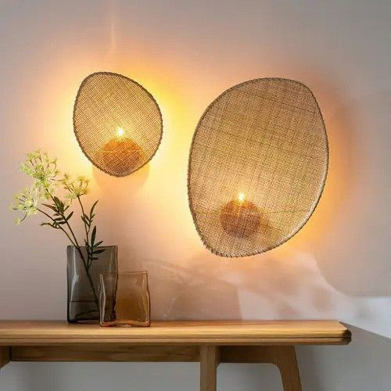 Traditional Japanese Oval Metal Rattan 1-Light Wall Sconce Lamp For Bedroom