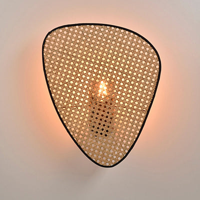 Traditional Japanese Oval Metal Rattan 1-Light Wall Sconce Lamp For Bedroom