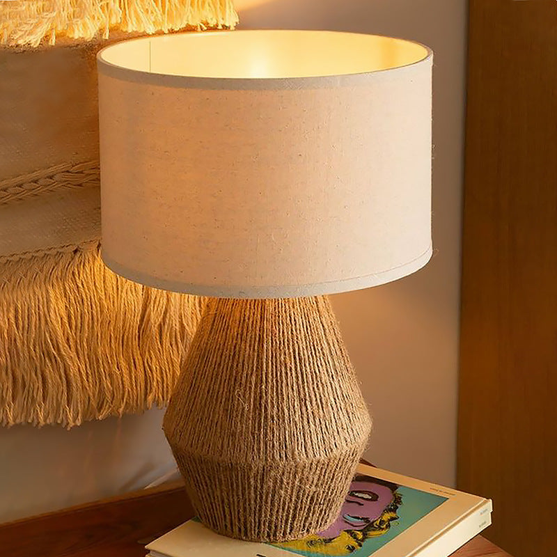 Traditional Japanese Cylinder Twine Metal 1-Light Table Lamp For Bedroom