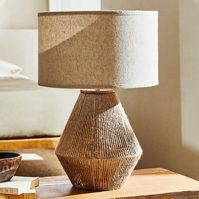 Traditional Japanese Cylinder Twine Metal 1-Light Table Lamp For Bedroom