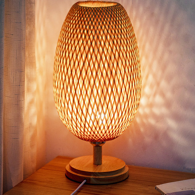 Traditional Chinese Jar Bamboo Solid Wood 1-Light Table Lamp For Bedroom