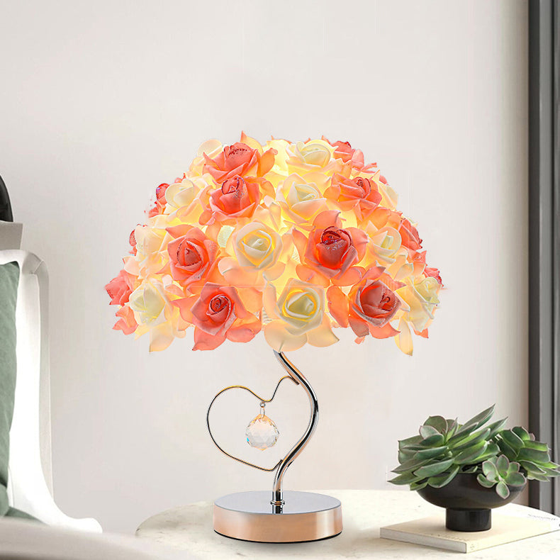 Contemporary Creative Flower Dome Fabric Metal Crystal 1-Light Table Lamp For Bedroom