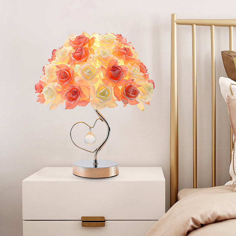 Contemporary Creative Flower Dome Fabric Metal Crystal 1-Light Table Lamp For Bedroom