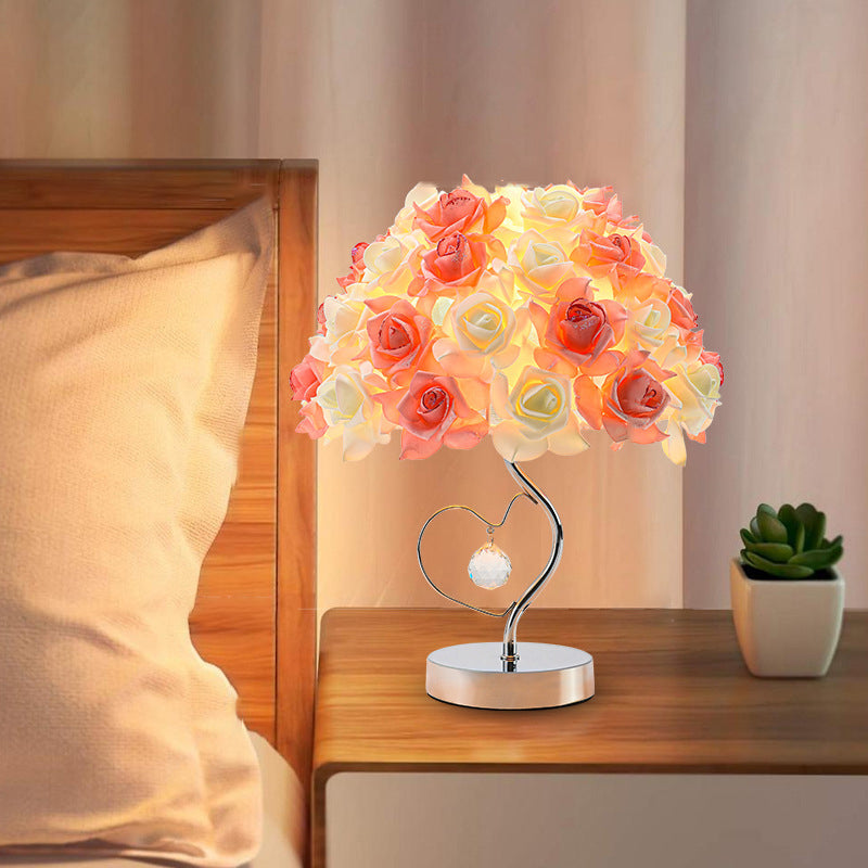 Contemporary Creative Flower Dome Fabric Metal Crystal 1-Light Table Lamp For Bedroom