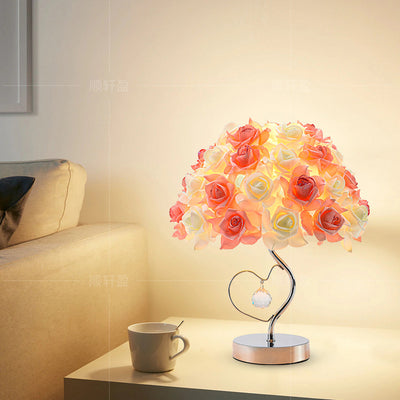 Contemporary Creative Flower Dome Fabric Metal Crystal 1-Light Table Lamp For Bedroom