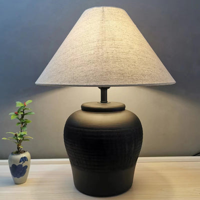 Traditional Japanese Frustum Cone Ceramic Fabric 1-Light Table Lamp For Bedroom