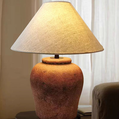 Traditional Japanese Frustum Cone Ceramic Fabric 1-Light Table Lamp For Bedroom