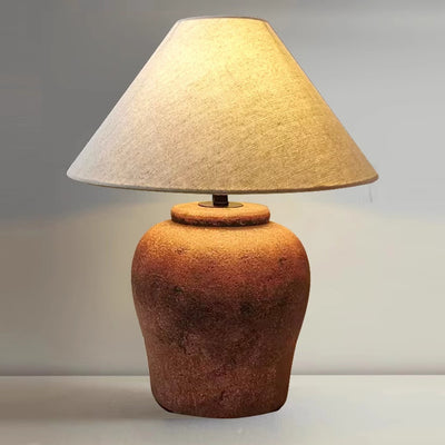 Traditional Japanese Frustum Cone Ceramic Fabric 1-Light Table Lamp For Bedroom