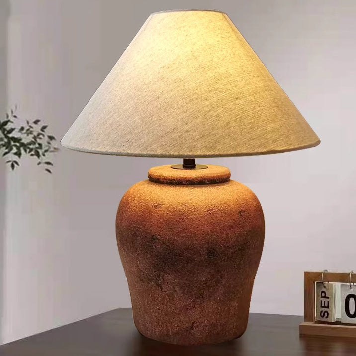 Traditional Japanese Frustum Cone Ceramic Fabric 1-Light Table Lamp For Bedroom