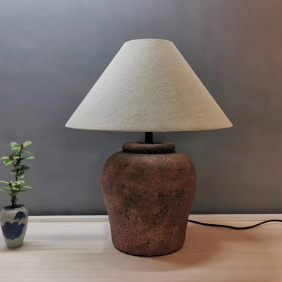 Traditional Japanese Frustum Cone Ceramic Fabric 1-Light Table Lamp For Bedroom