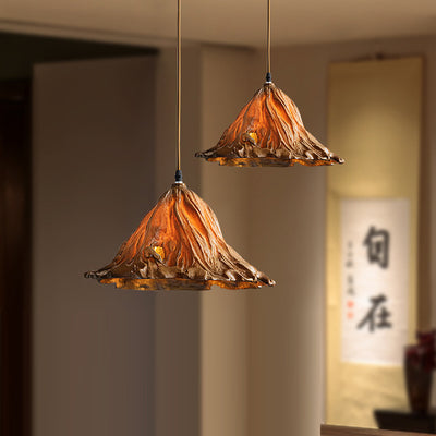 Traditional Japanese Lotus Cone Resin Glass 1-Light Pendant Light For Bedroom