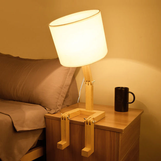 Contemporary Creative Humanoid Robot Fabric Solid Wood 1-Light Table Lamp For Bedroom