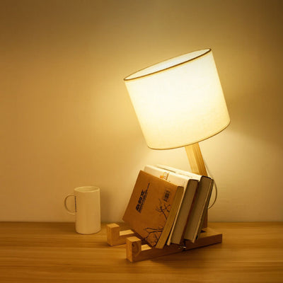 Contemporary Creative Humanoid Robot Fabric Solid Wood 1-Light Table Lamp For Bedroom