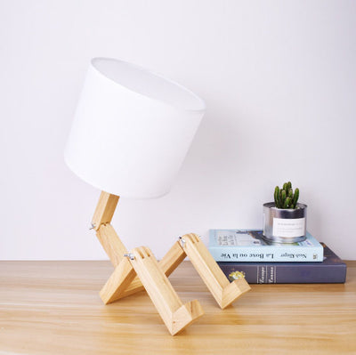 Contemporary Creative Humanoid Robot Fabric Solid Wood 1-Light Table Lamp For Bedroom