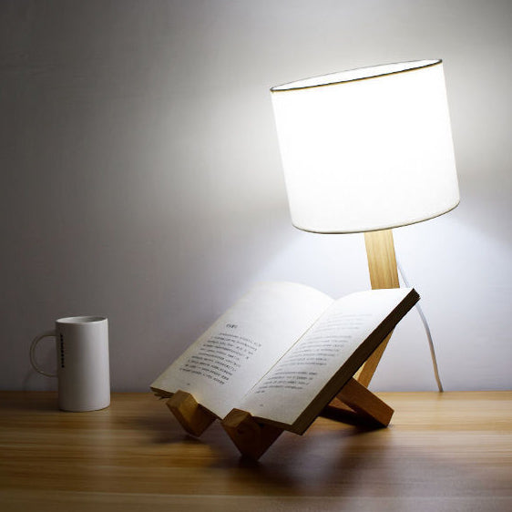 Contemporary Creative Humanoid Robot Fabric Solid Wood 1-Light Table Lamp For Bedroom