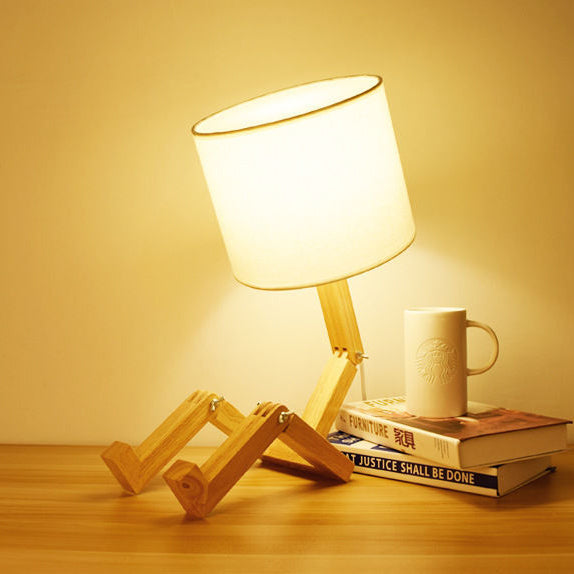 Contemporary Creative Humanoid Robot Fabric Solid Wood 1-Light Table Lamp For Bedroom