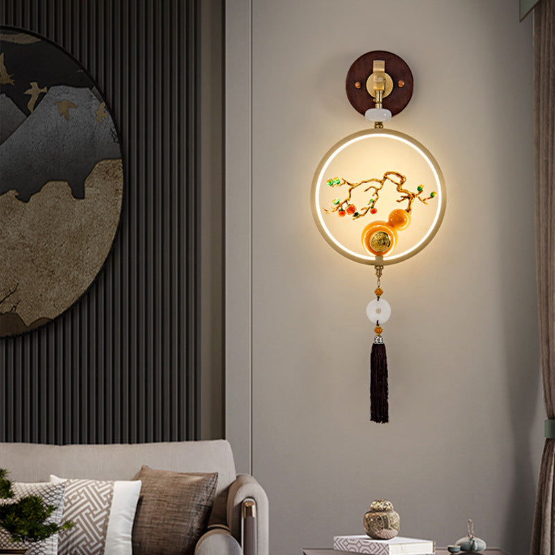 Traditional Chinese Round Ebony Copper LED Wall Sconce Lamp For Bedroom