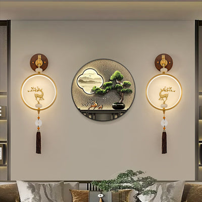 Traditional Chinese Round Ebony Copper LED Wall Sconce Lamp For Bedroom