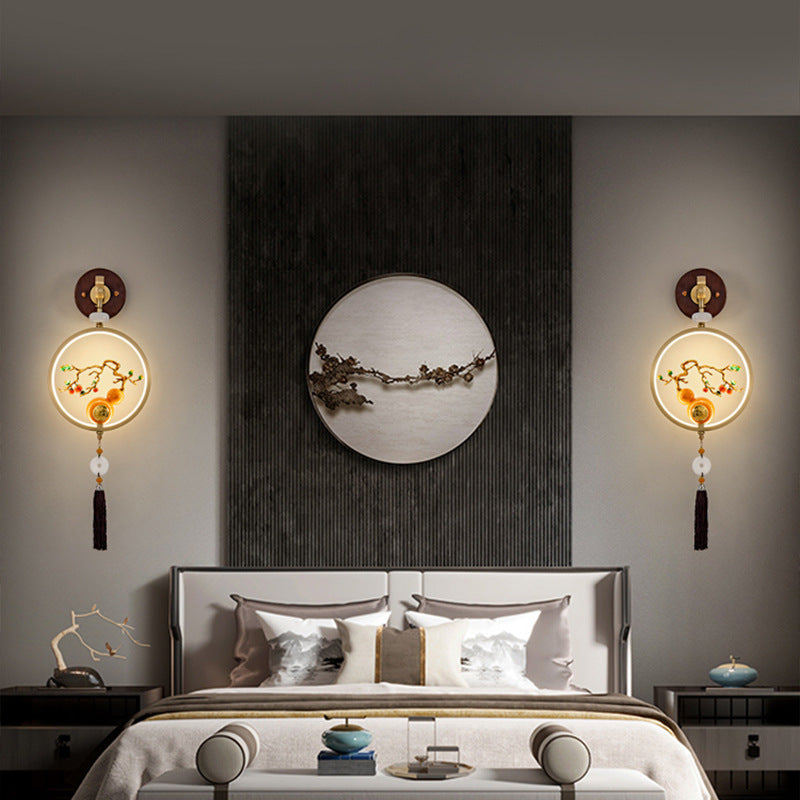 Traditional Chinese Round Ebony Copper LED Wall Sconce Lamp For Bedroom