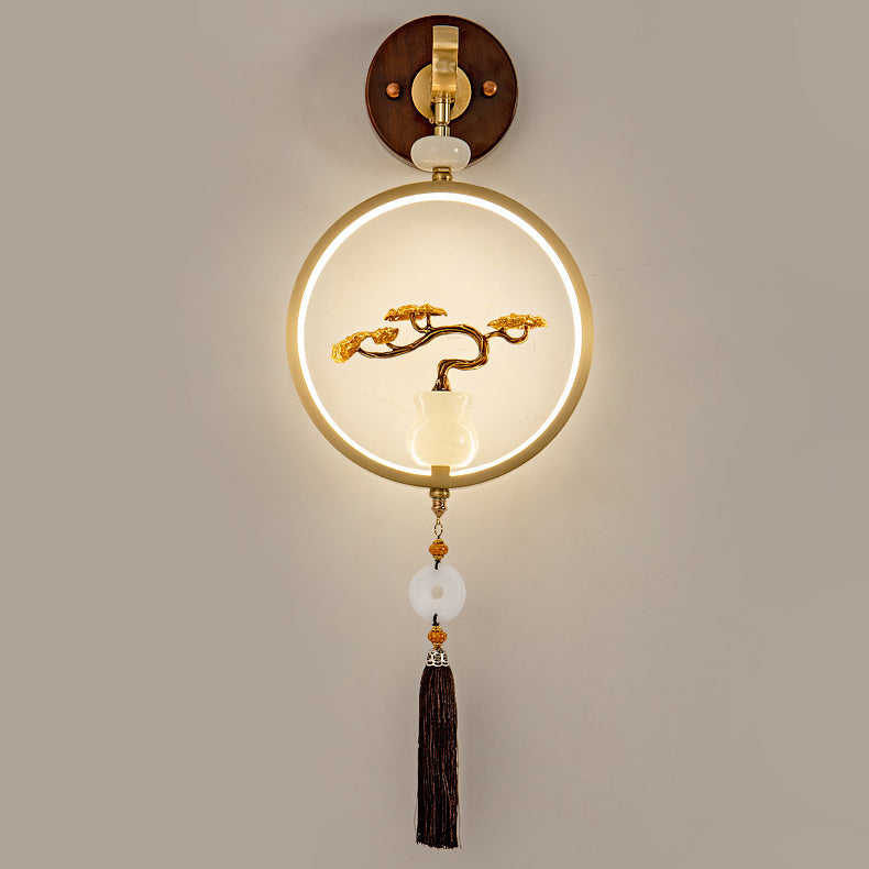 Traditional Chinese Round Ebony Copper LED Wall Sconce Lamp For Bedroom