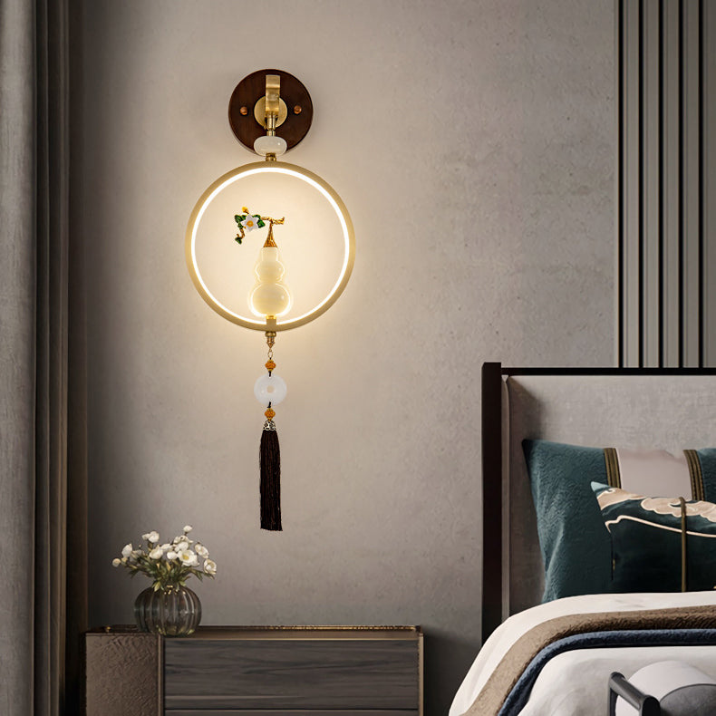 Traditional Chinese Round Ebony Copper LED Wall Sconce Lamp For Bedroom