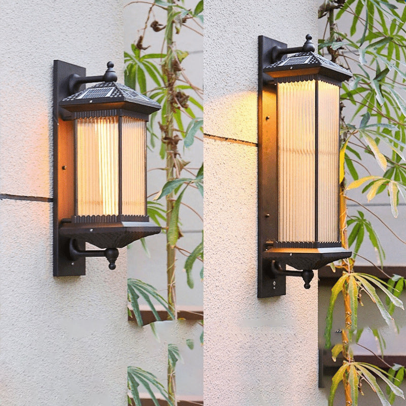 Traditional Chinese Waterproof Rectangular Glass Metal 1-Light Wall Sconce Lamp For Outdoor Patio