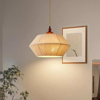 Traditional Japanese Trapezoid Rubberwood Hemp Rope 3-Light Pendant Light For Bedroom