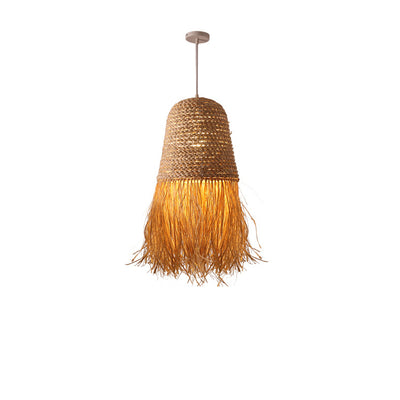 Traditional Japanese Dome Grass Rope Raffia 1-Light Pendant Light For Bedroom