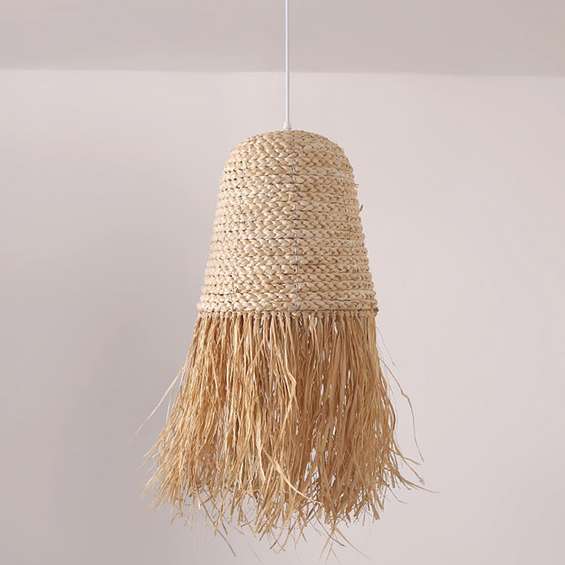 Traditional Japanese Dome Grass Rope Raffia 1-Light Pendant Light For Bedroom