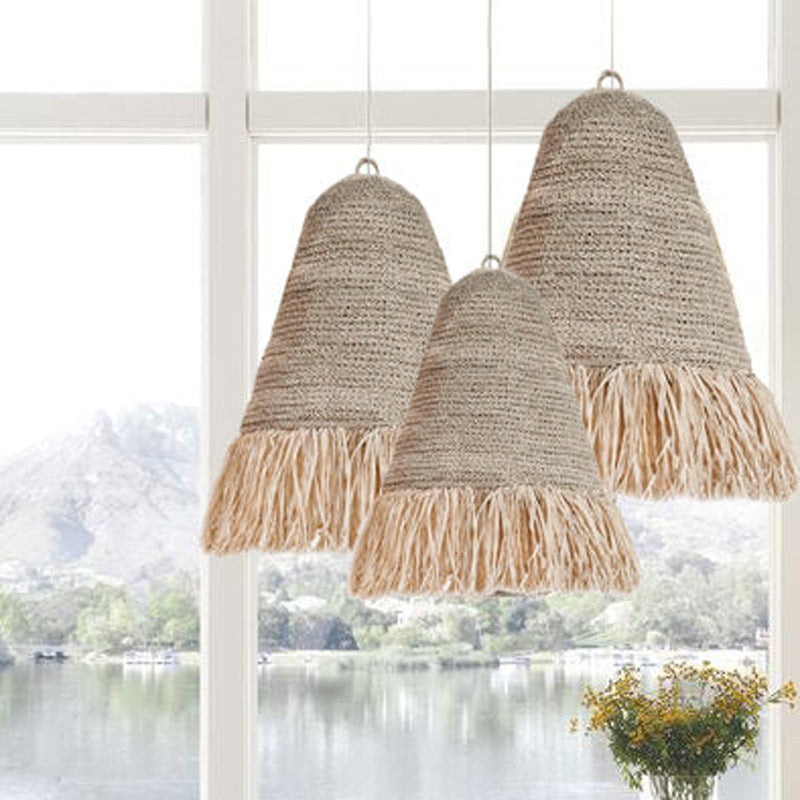 Traditional Japanese Dome Grass Rope Raffia 1-Light Pendant Light For Bedroom