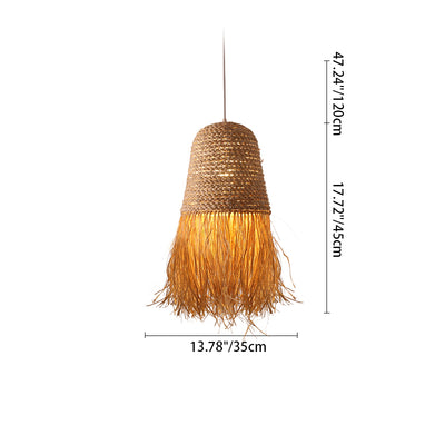 Traditional Japanese Dome Grass Rope Raffia 1-Light Pendant Light For Bedroom