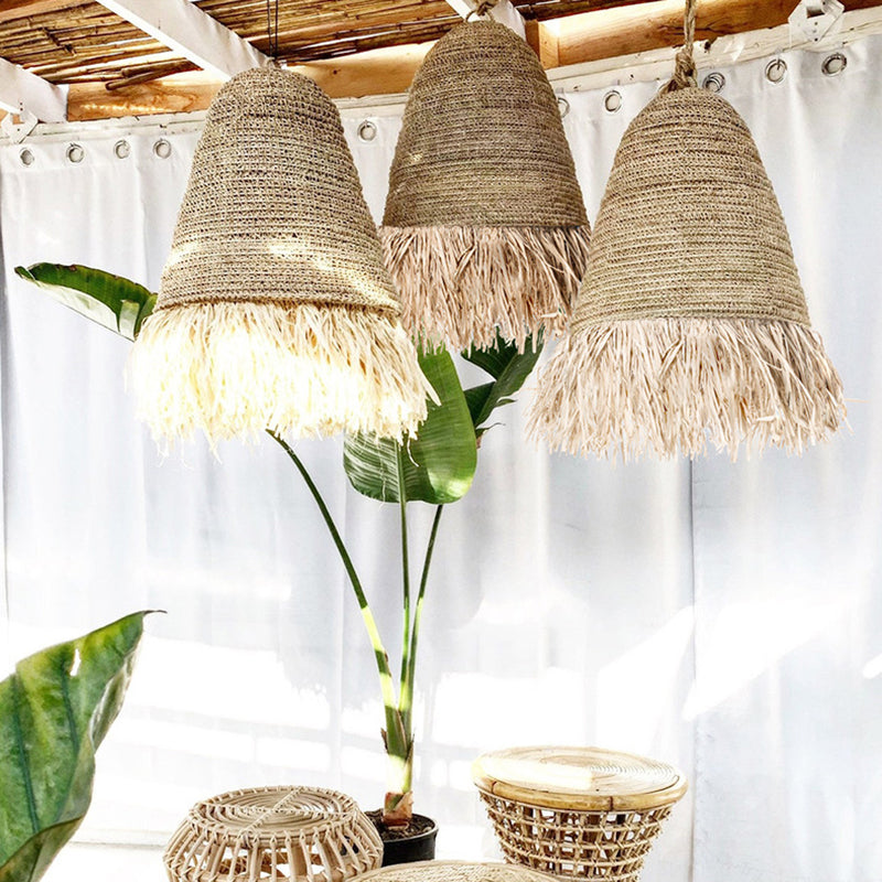 Traditional Japanese Dome Grass Rope Raffia 1-Light Pendant Light For Bedroom