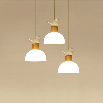 Contemporary Nordic Bird Dome Solid Wood Glass 1-Light Pendant Light For Bedroom