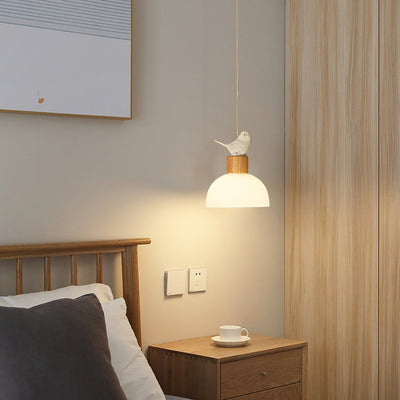 Contemporary Nordic Bird Dome Solid Wood Glass 1-Light Pendant Light For Bedroom