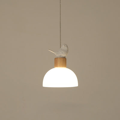 Contemporary Nordic Bird Dome Solid Wood Glass 1-Light Pendant Light For Bedroom