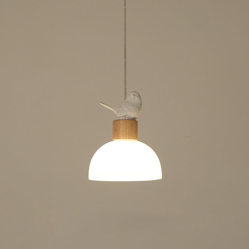 Contemporary Nordic Bird Dome Solid Wood Glass 1-Light Pendant Light For Bedroom