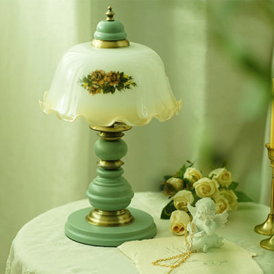 Traditional Chinese Flower Dome Glass Copper Solid Wood 1-Light Table Lamp For Bedroom