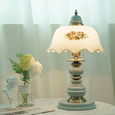 Traditional Chinese Flower Dome Glass Copper Solid Wood 1-Light Table Lamp For Bedroom