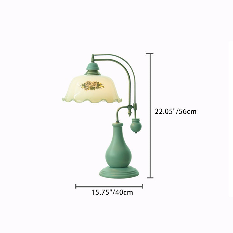 Traditional Chinese Flower Dome Glass Copper Solid Wood 1-Light Table Lamp For Bedroom