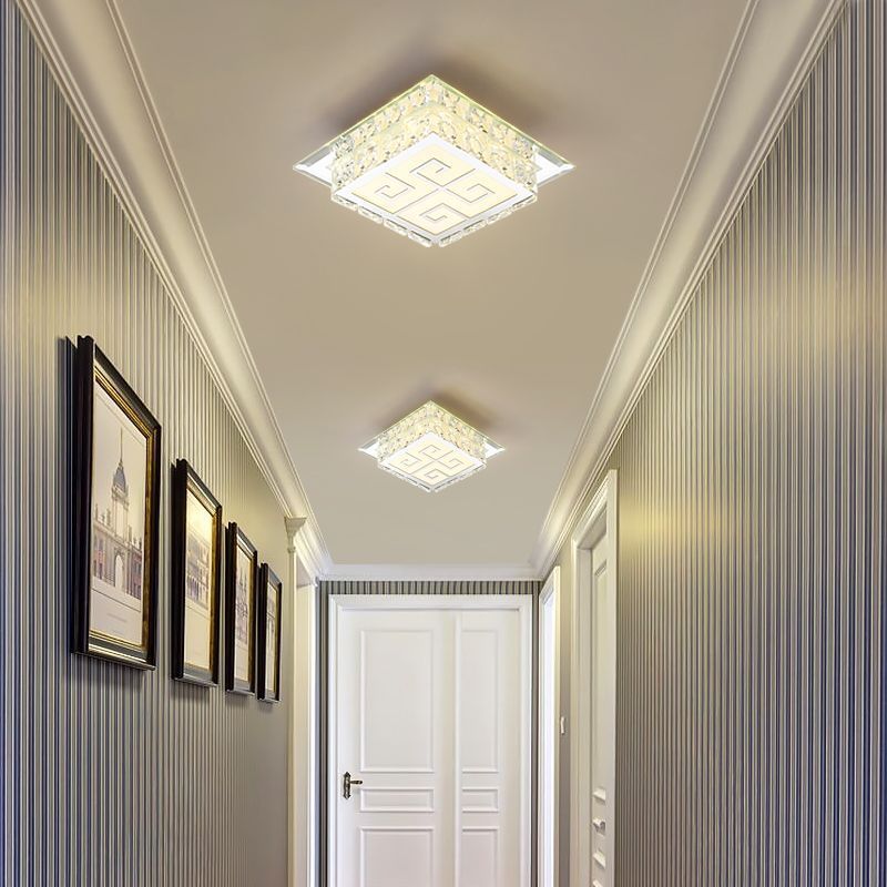 Modern Simplicity Square Glass Crystal LED Semi-Flush Mount Ceiling Light For Hallway