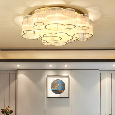 Traditional Chinese Cloud Round Carbon Steel Glass 7/11/15 Light Semi-Flush Mount Ceiling Light For Living Room